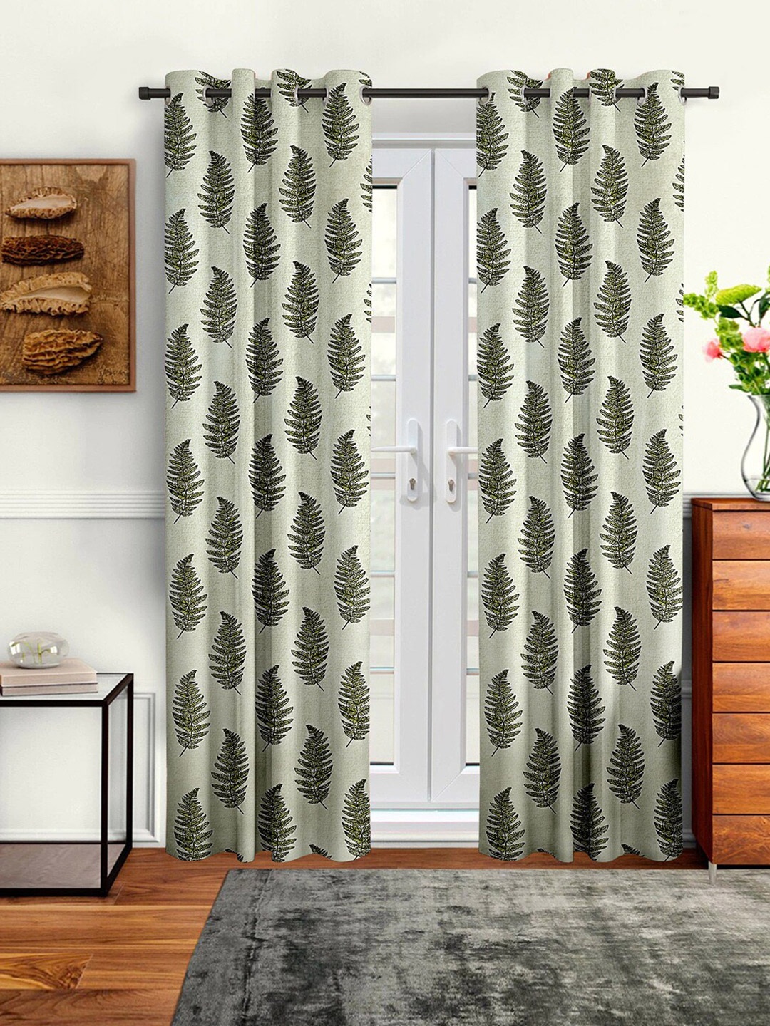 Cortina Set of 2 Leaf Printed Long Door Curtains, Green