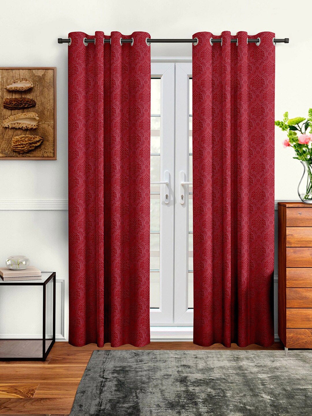 

Cortina Set of 2 Maroon Embossed Damask Print Polyester Door Curtains