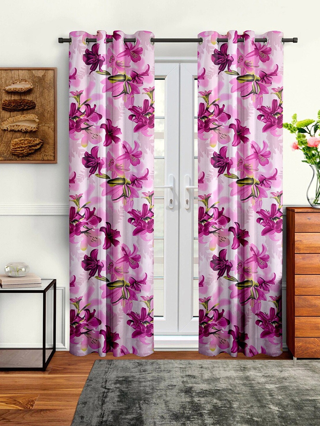 Cortina Set of 2 Floral Printed Long Door Curtains, Pink