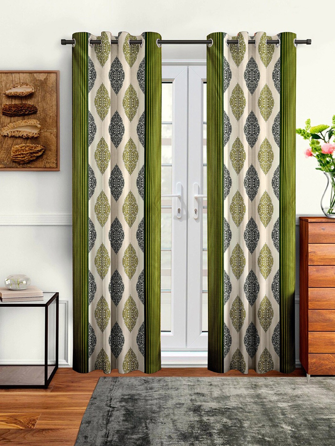 Cortina Set Of 2 Green Floral Printed Regular Long Door Curtains
