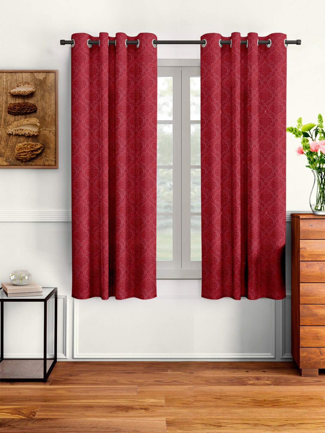 Cortina Maroon Set of 2 Embossed Damask Print Window Curtains