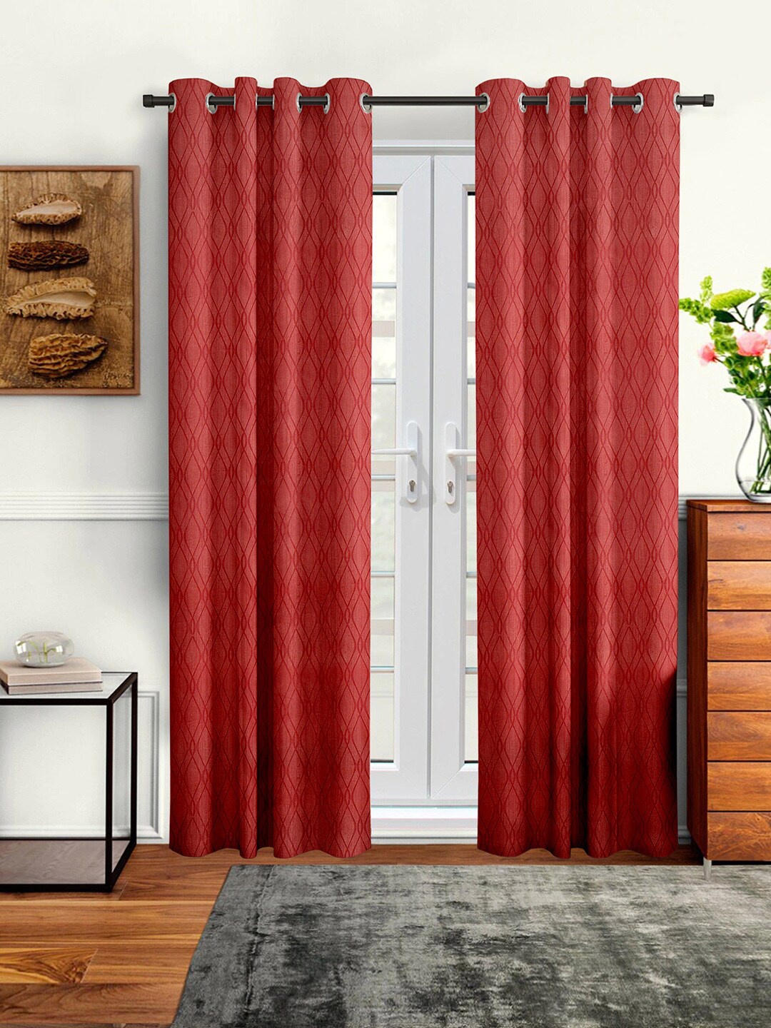 

Cortina Set of 2 Red Embossed Abstract Print Polyester Long Door Curtains, Maroon