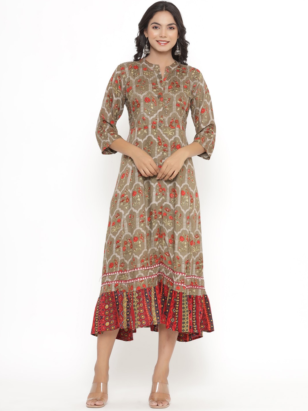 

PK Fashions Beige & Red Ethnic Motifs Ethnic Fit & Flare Midi Dress
