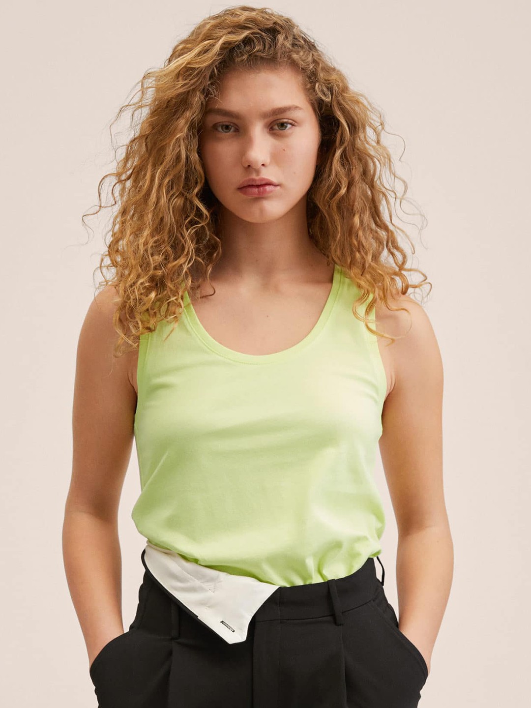 

MANGO Lime Green Pure Cotton Solid Knitted Top