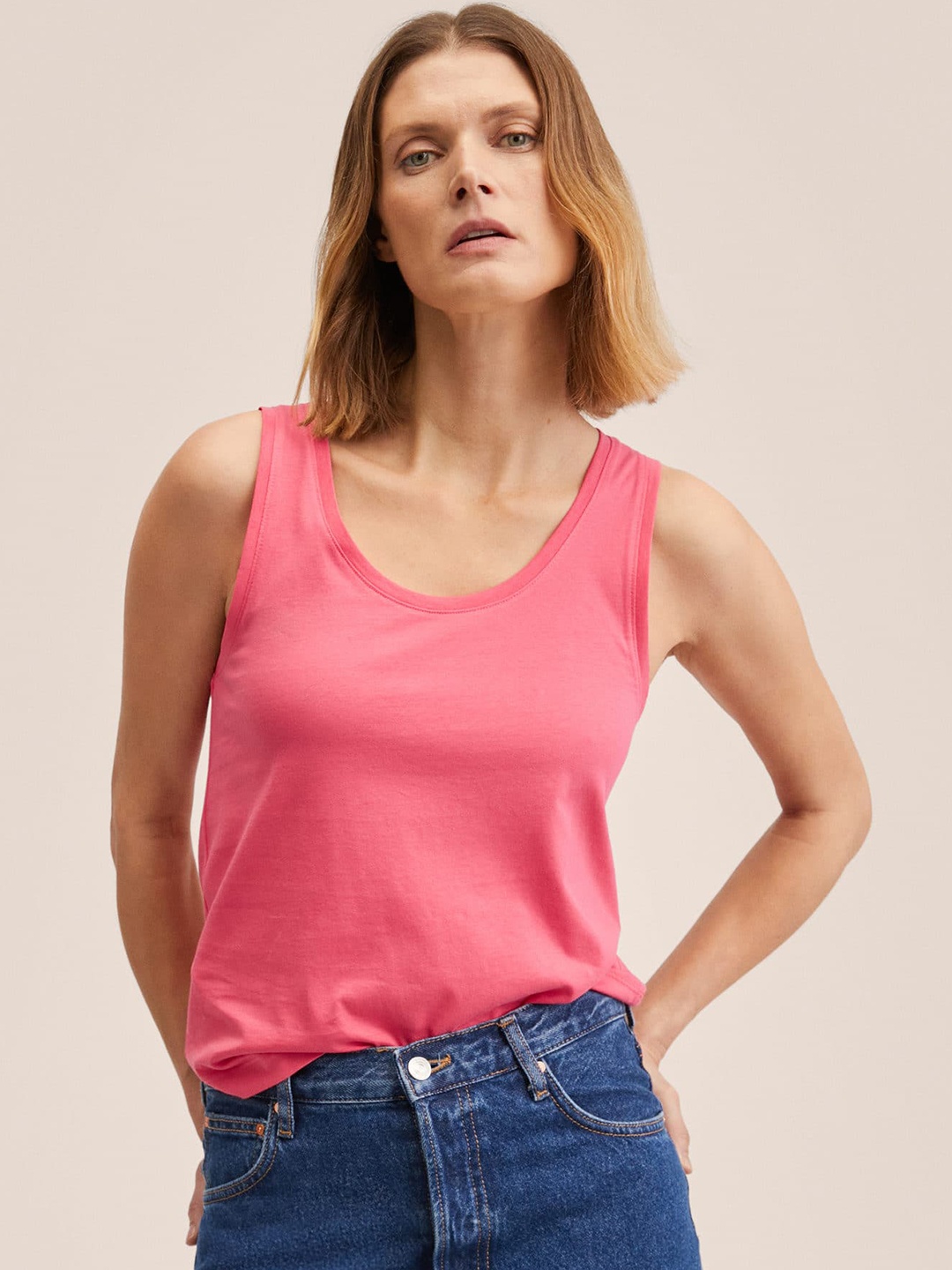 

MANGO Pink Pure Cotton Solid Top