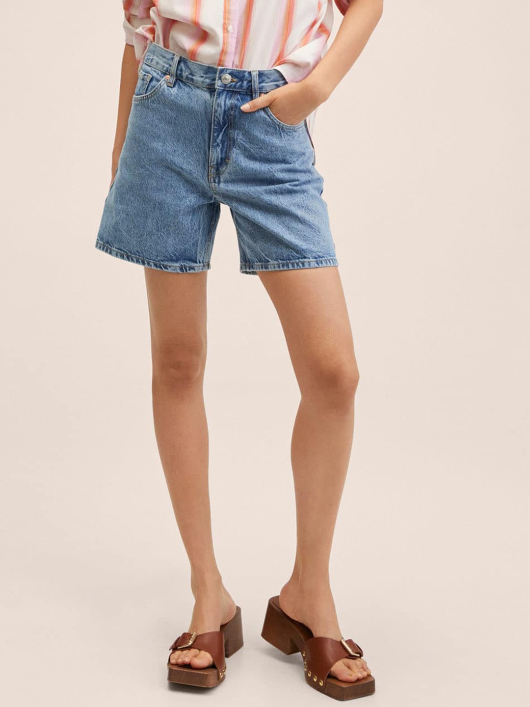 

MANGO Women Blue Pure Cotton Washed Denim Shorts