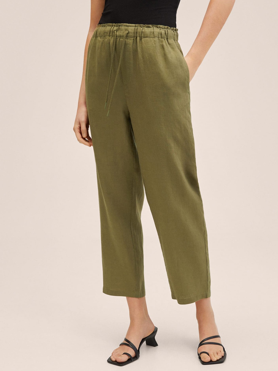 

MANGO Women Olive Green Linen Trousers