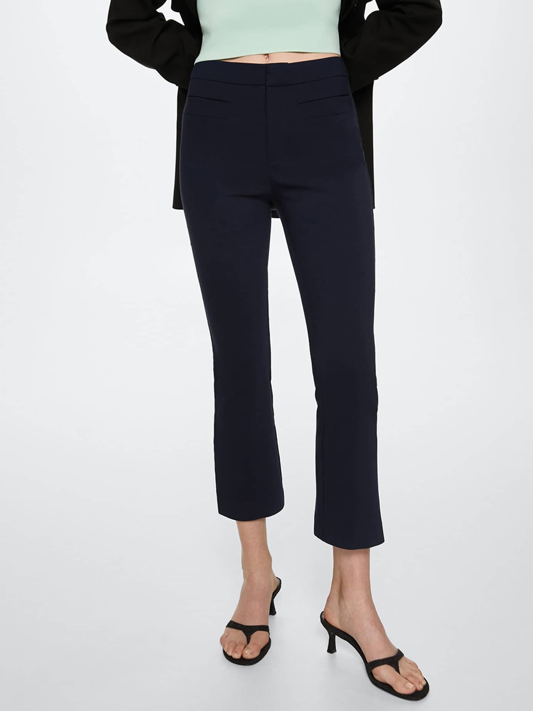 

MANGO Women Navy Blue Solid High-Waist Trousers