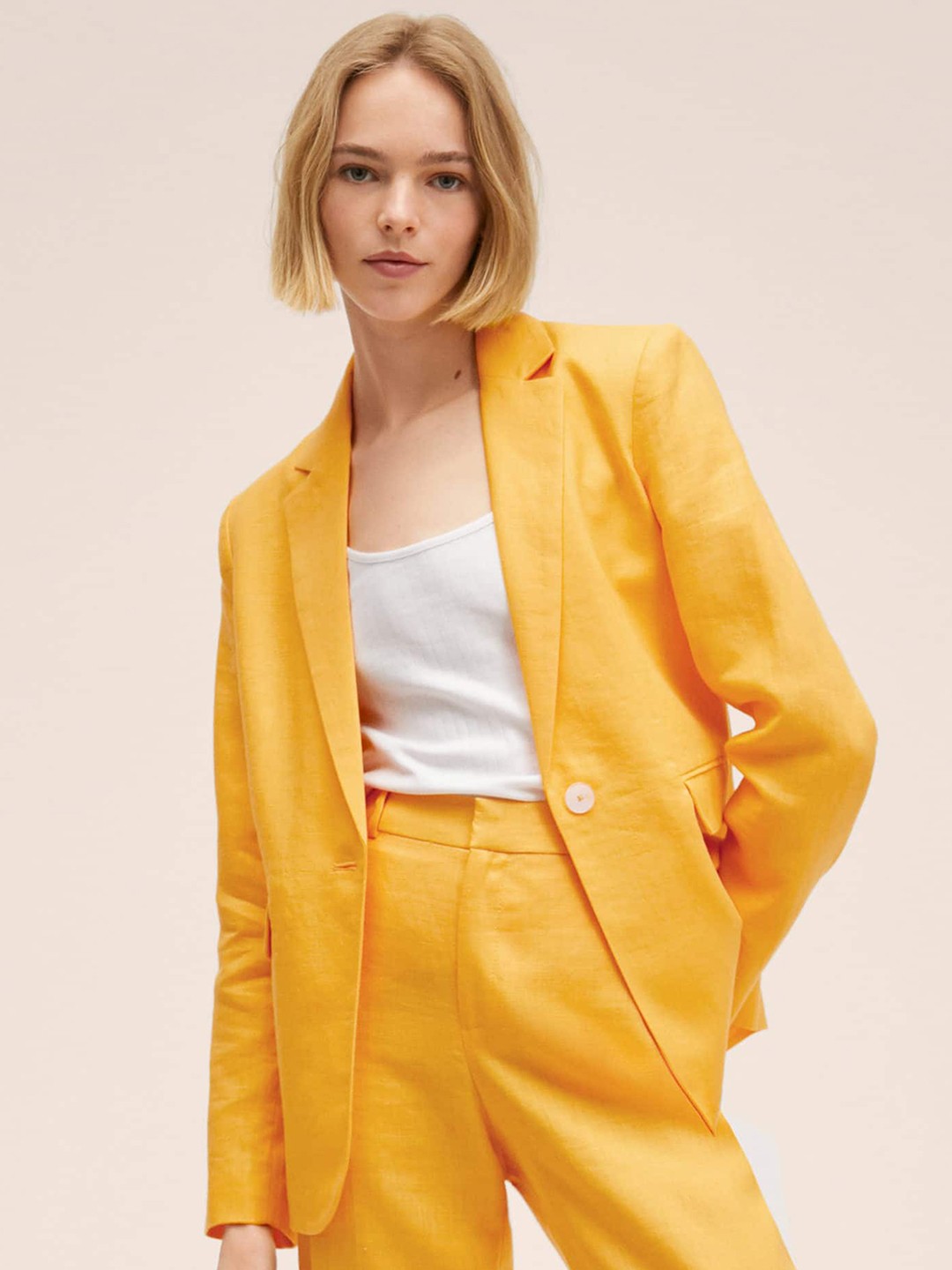 

MANGO Women Yellow Solid Single-Breasted Longline Blazer
