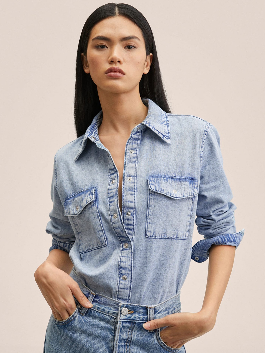

MANGO Women Blue Denim Casual Shirt