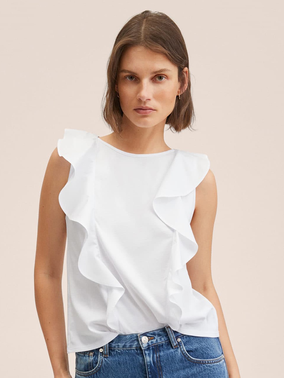 

MANGO White Solid Pure Cotton Ruffles Top