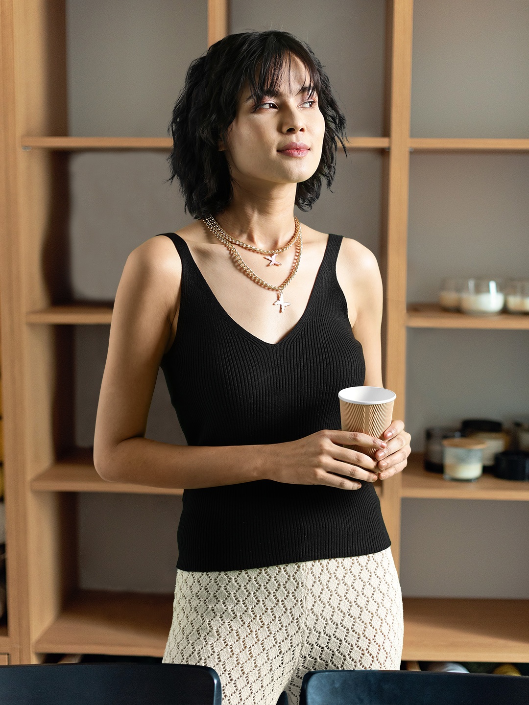 

MANGO Black Solid Knitted Top