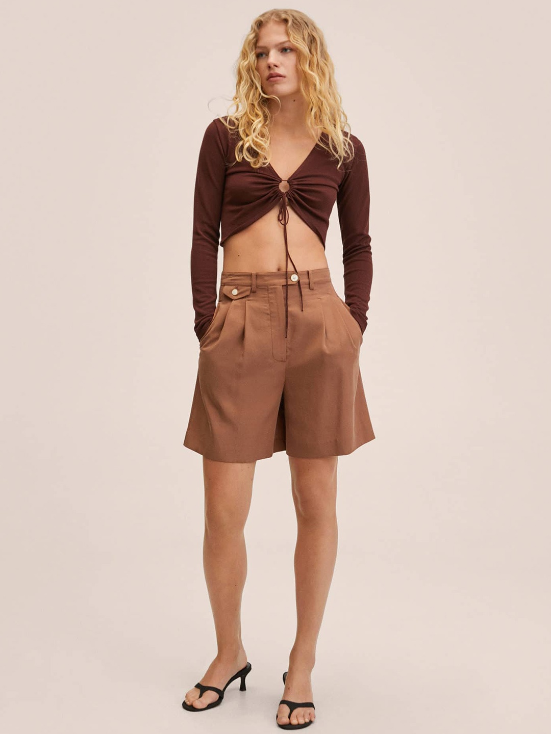 

MANGO Women Brown Solid Pleated Shorts
