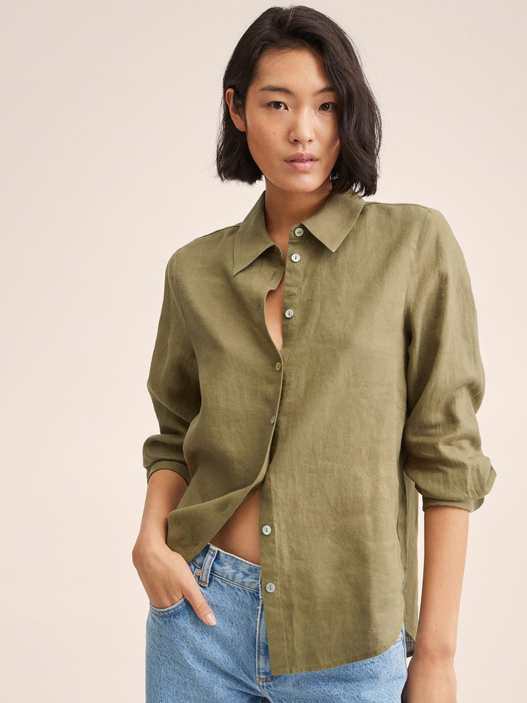 

MANGO Women Olive Green Pure Linen Solid Casual Shirt