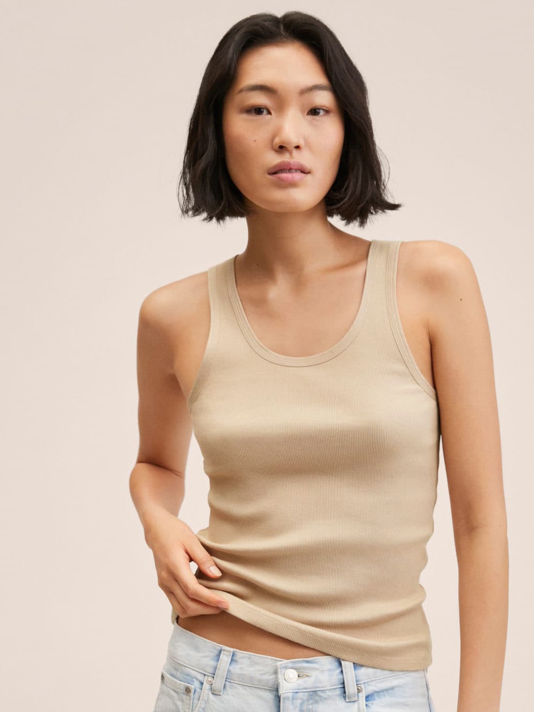 

MANGO Beige Solid Knitted Top