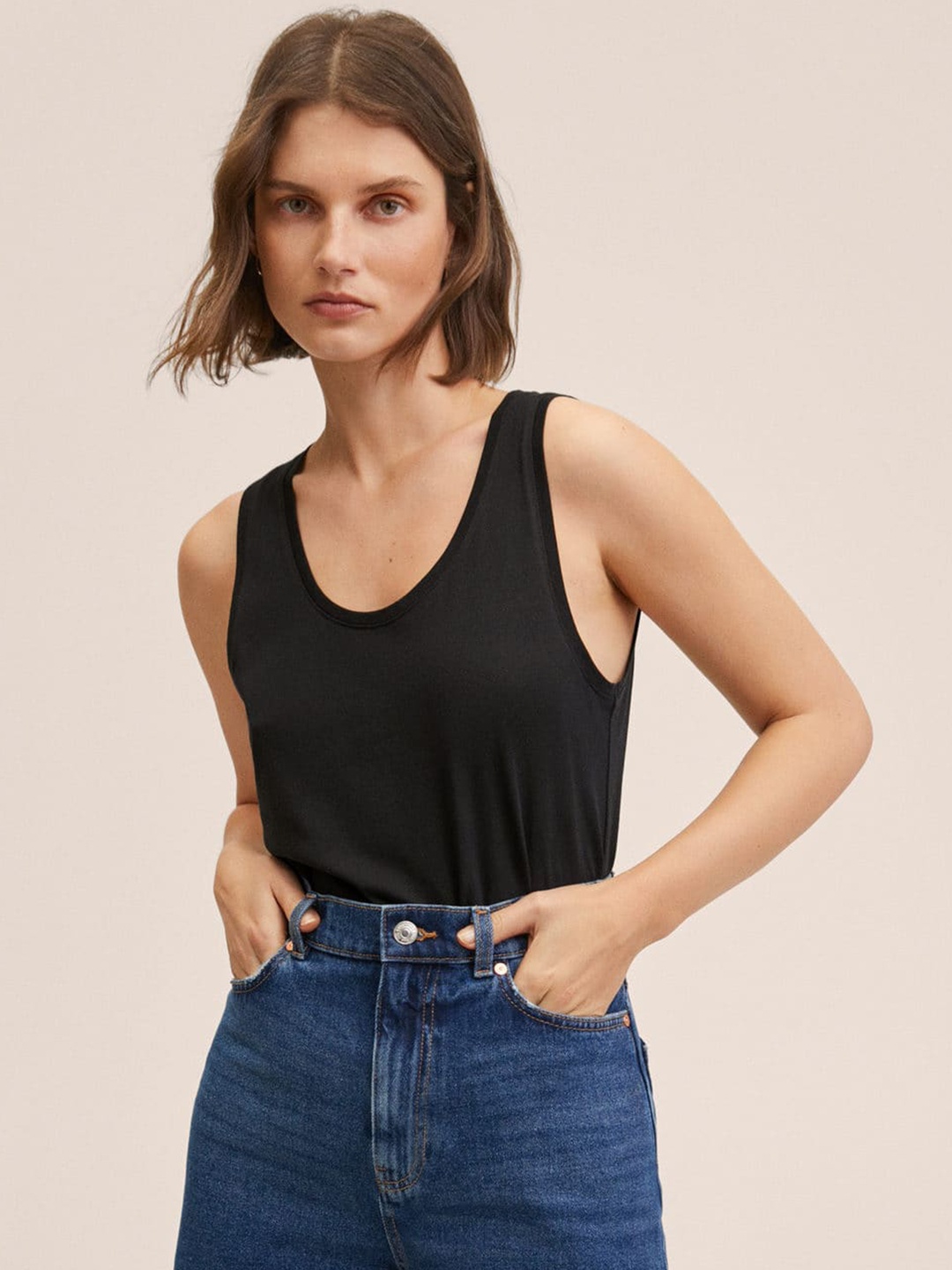 

MANGO Women Black Solid Pure Cotton Scoop Neck Top