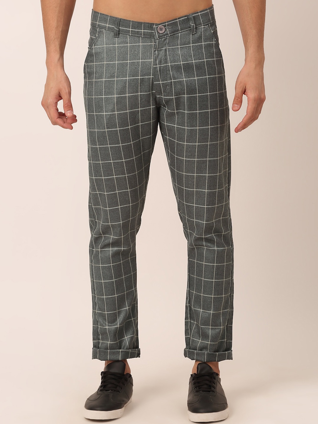

JAINISH Men Grey Checked Smart Slim Fit Pure Cotton Chinos Trousers