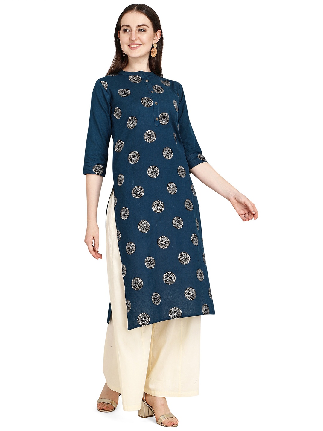 

RGHT Women Blue Mandarin Collar Printed Kurti