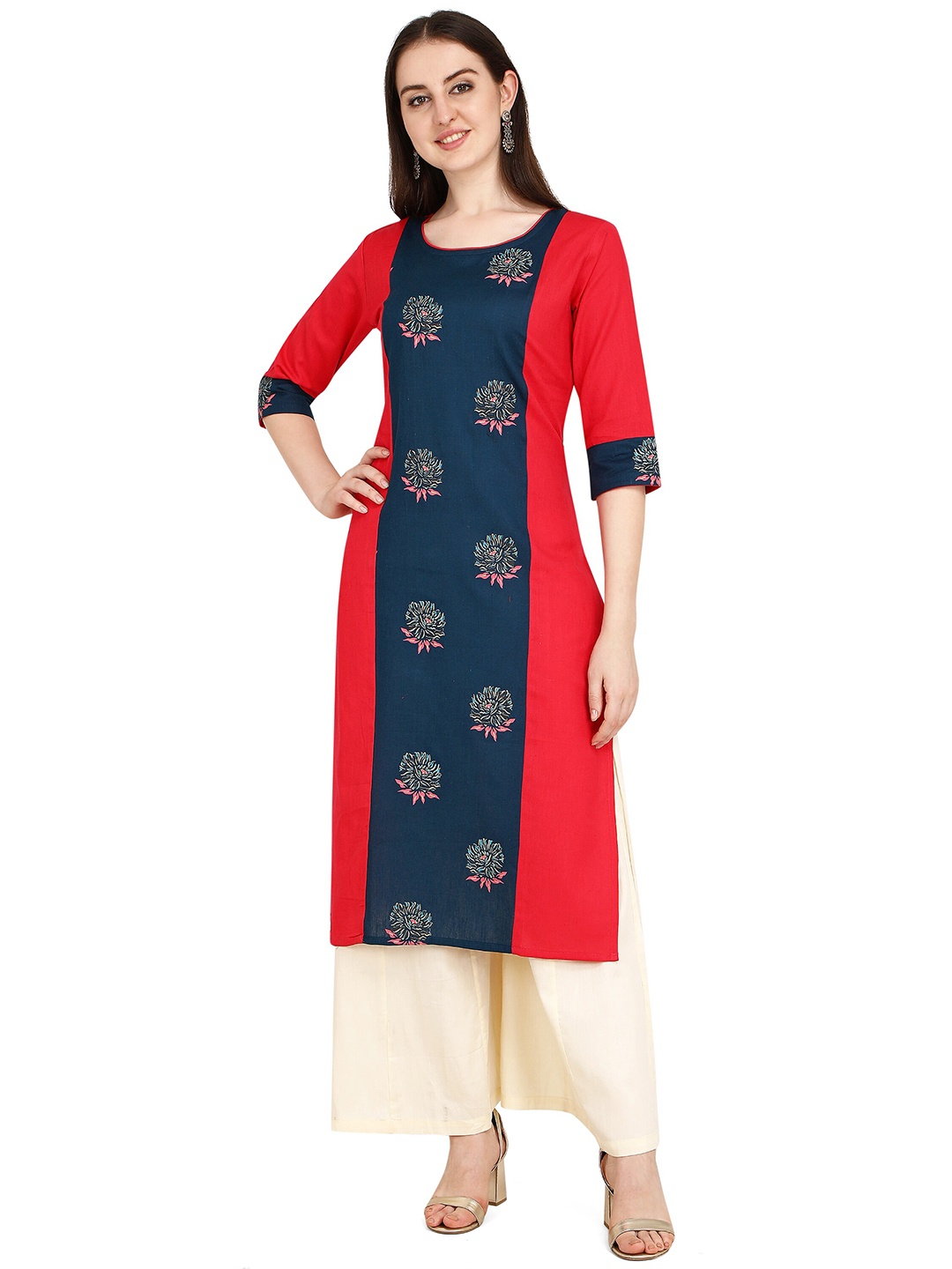 

RGHT Red & Navy Blue Floral Printed Kurta