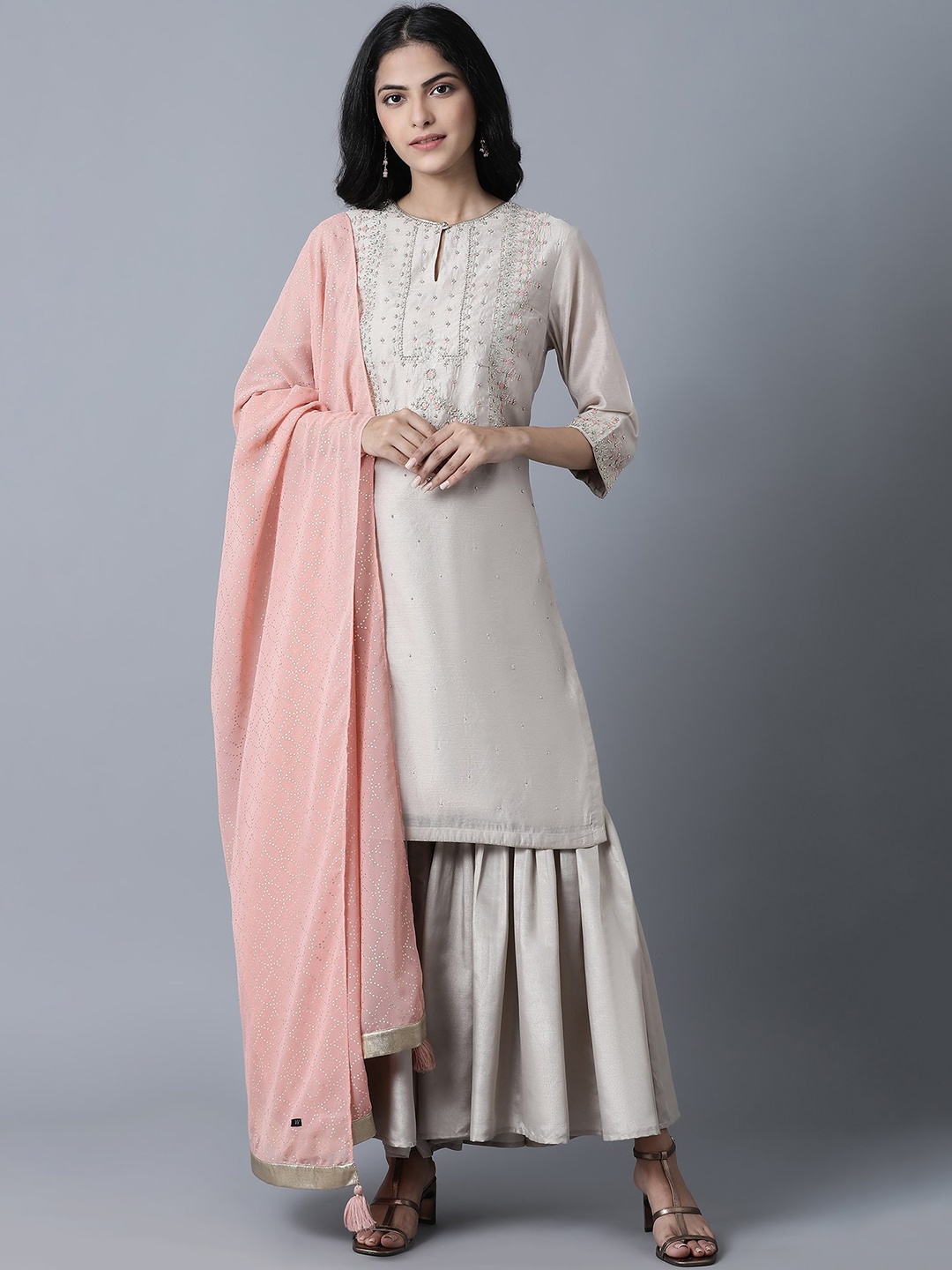 

WISHFUL Women Grey Embroidered Kurta with Sharara & With Dupatta