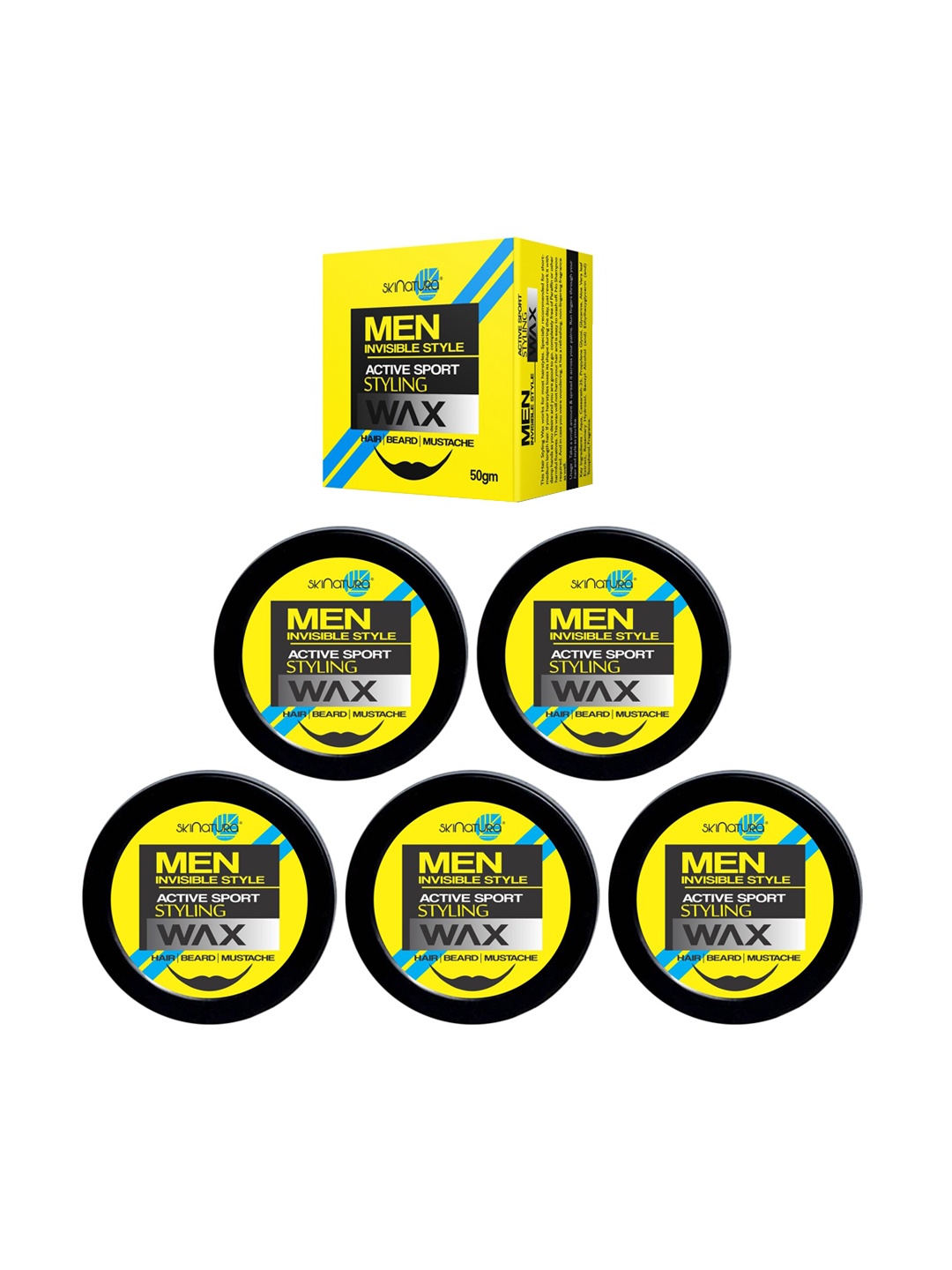 

Skinatura Men Set of 5 Invisible Style Active Sport Styling Hair & Beard Wax- 50 g Each, Yellow