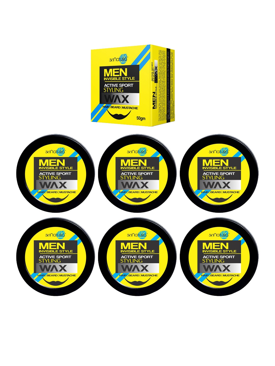 

Skinatura Men Set of 6 Invisible Style Active Sport Styling Hair & Beard Wax - 50g each, Yellow