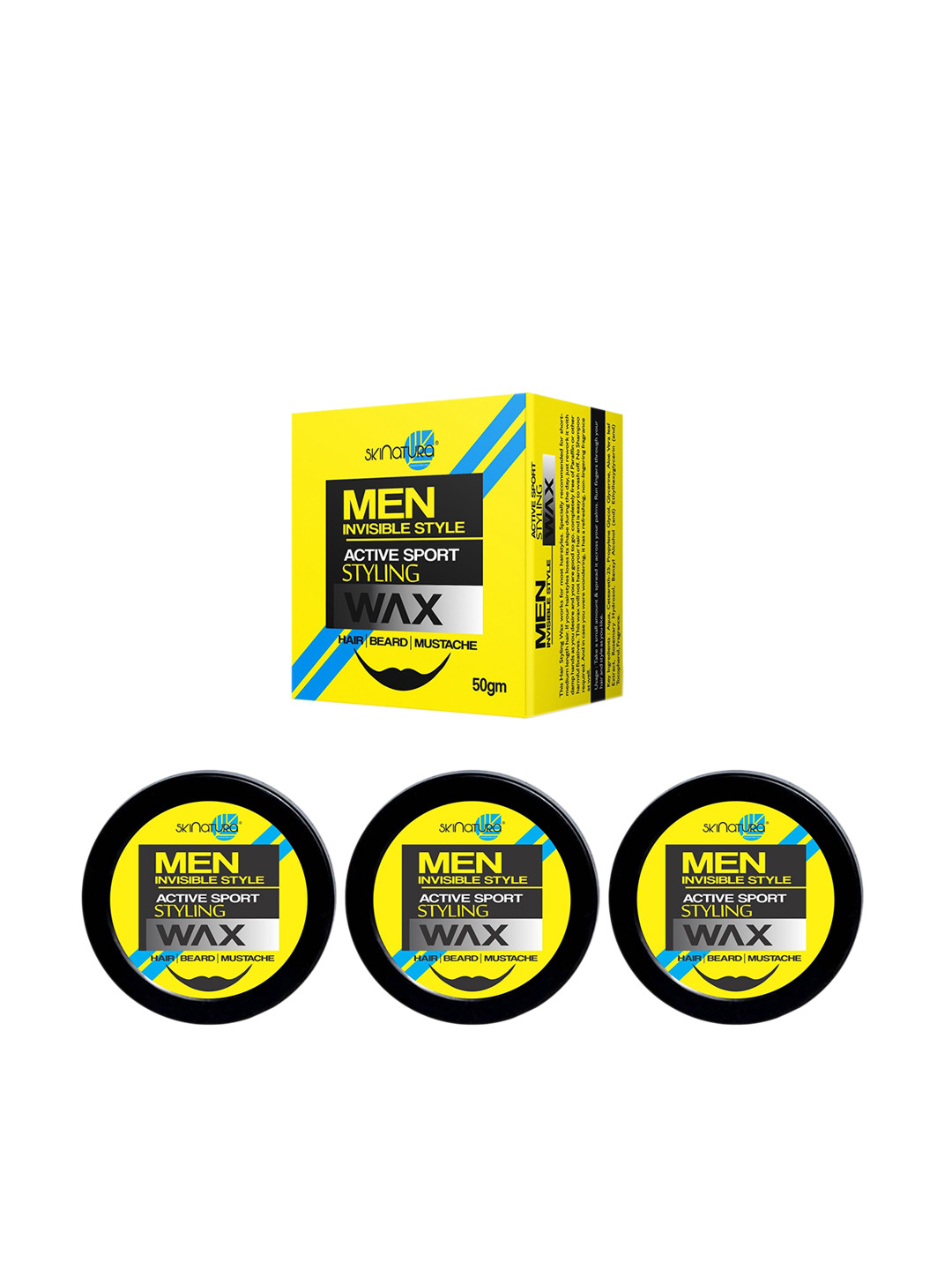 

Skinatura Men Set of 3 Invisible Style Active Sport Styling Hair & Beard Wax - 50 g Each, Yellow