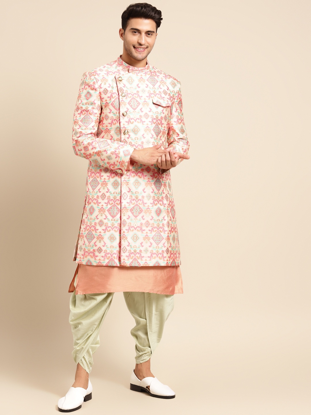 

KISAH Men Pink & Green Kurta with Dhoti Pants & Bandgala Jacket