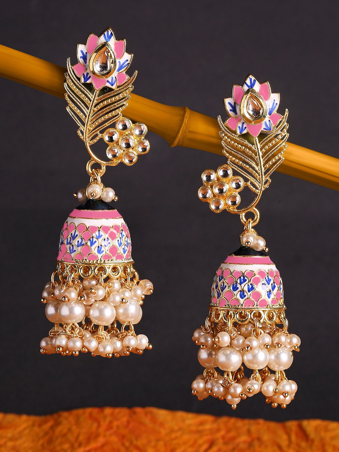 

OOMPH Gold-Toned & Pink Dome Shaped Jhumkas Earrings