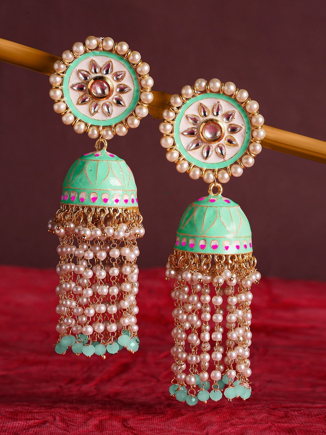 

OOMPH Gold-Toned & Mint Green Kundan & Pearls Meenakari Enamelled Jhumkas Earrings