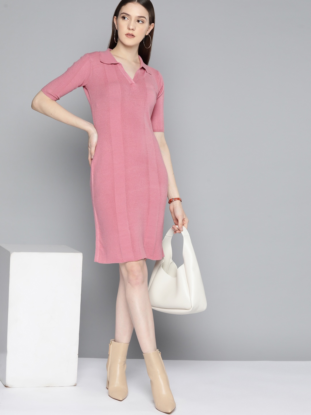 

Chemistry Ribbed Shirt Collar Sheath Dress, Pink