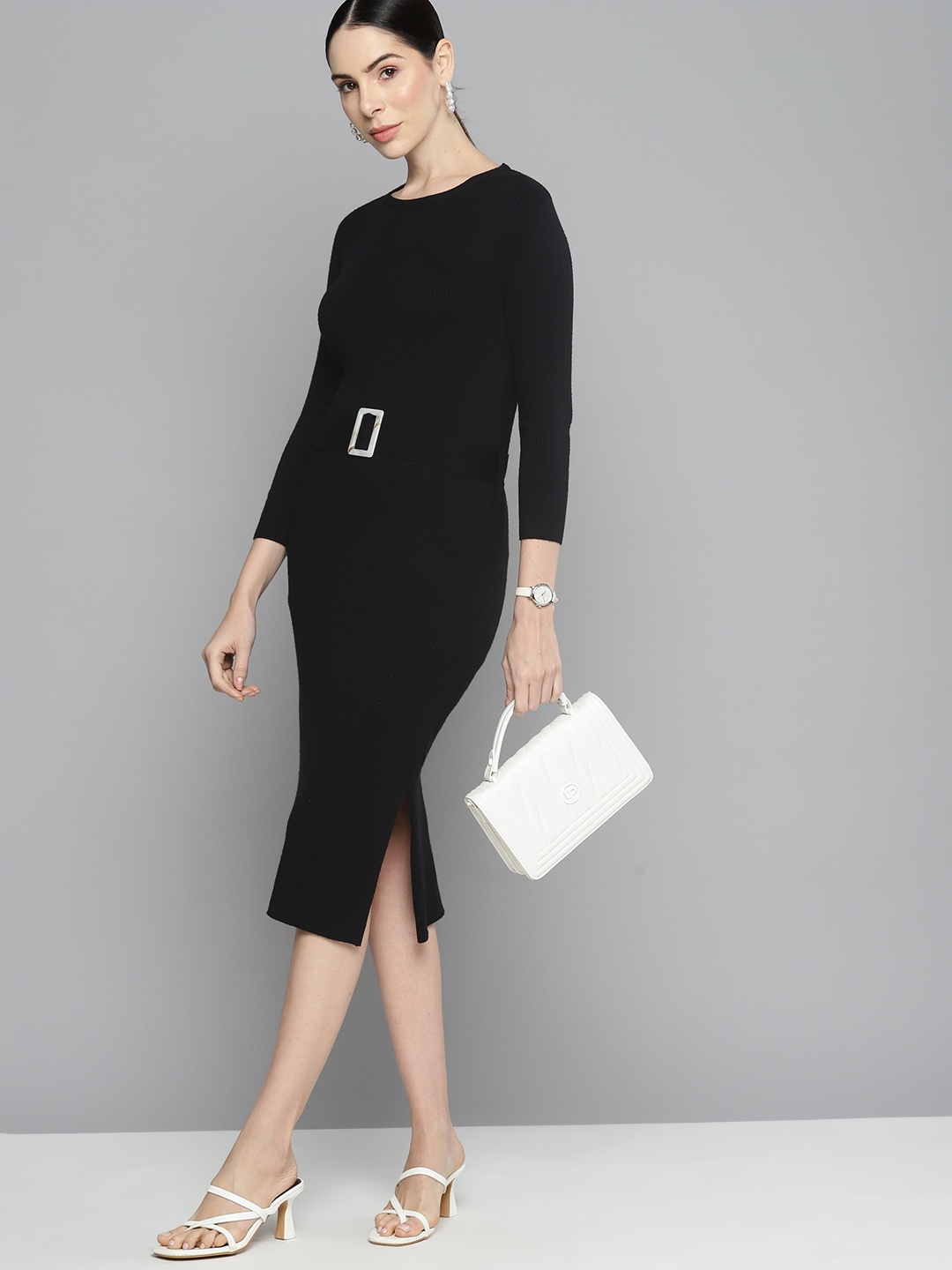 

Chemistry Ribbed Sweater Midi Dress with Belt, Black