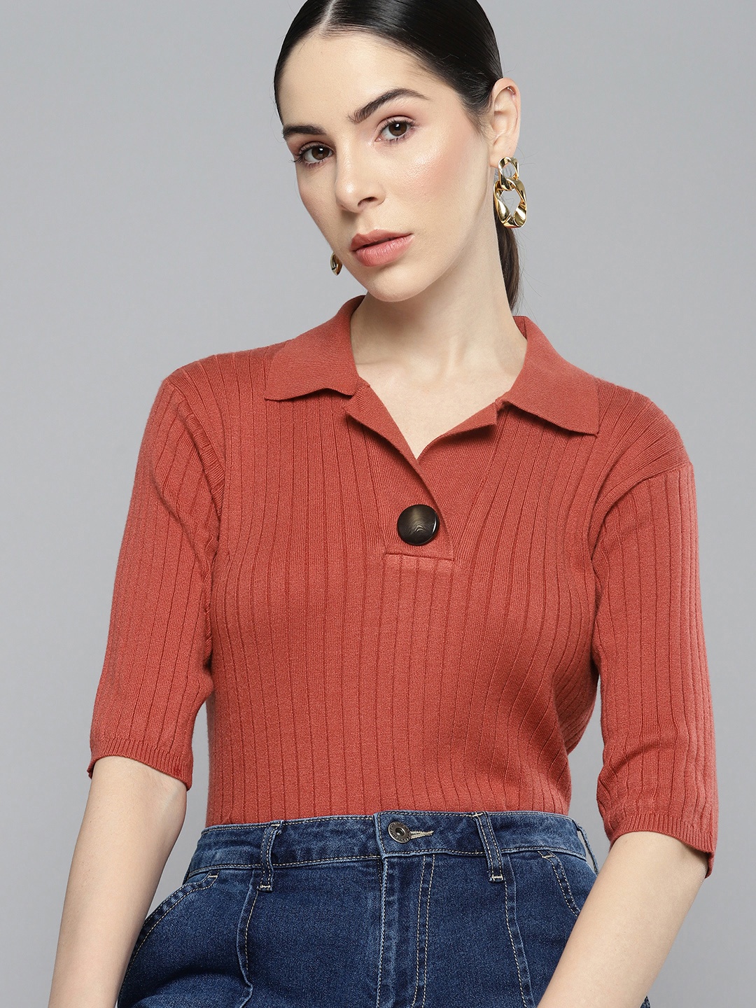 

Chemistry Women Ribbed Spread Collar T-shirt, Rust