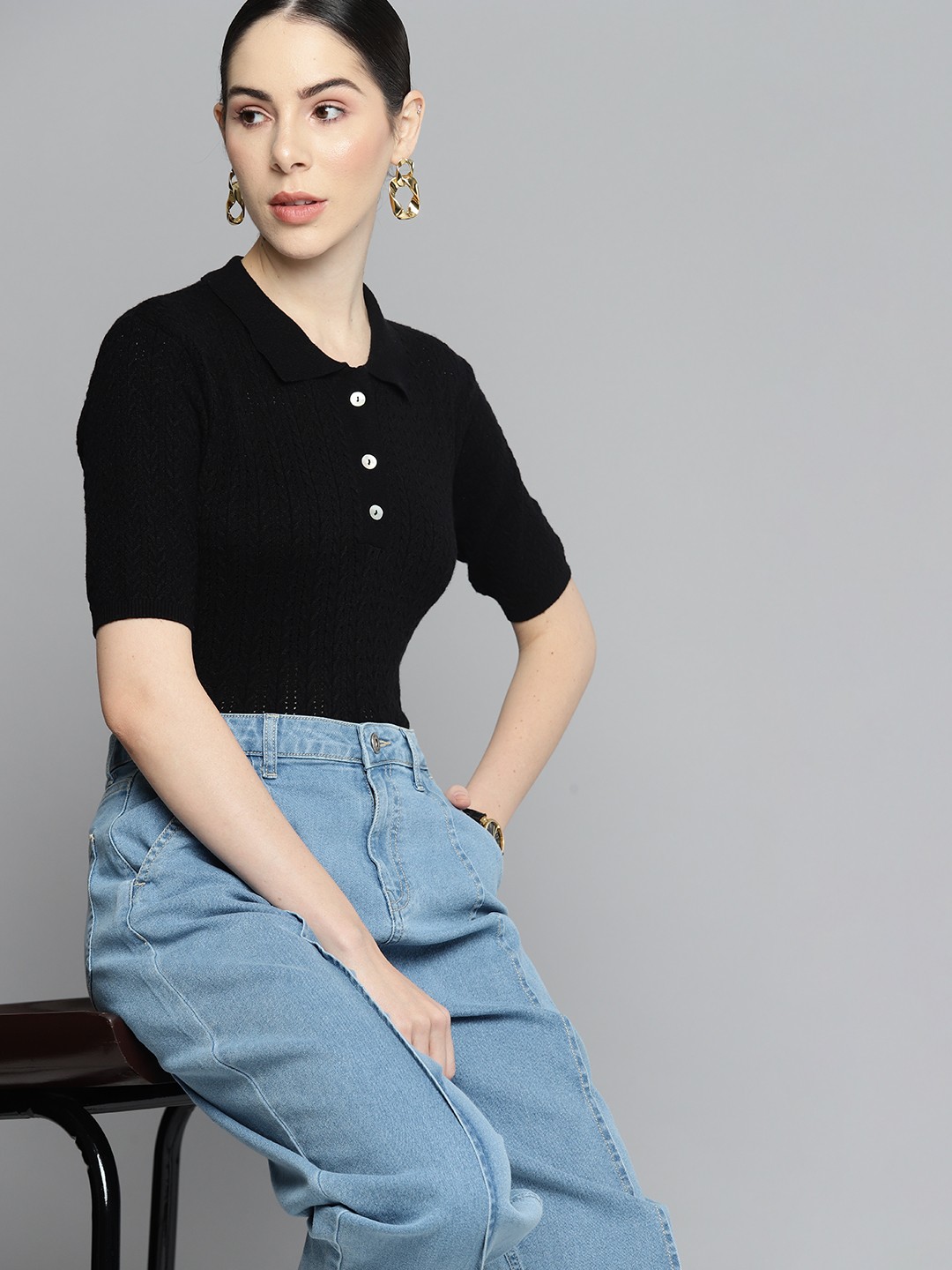 

Chemistry Women Self-Design Polo Collar T-shirt, Black