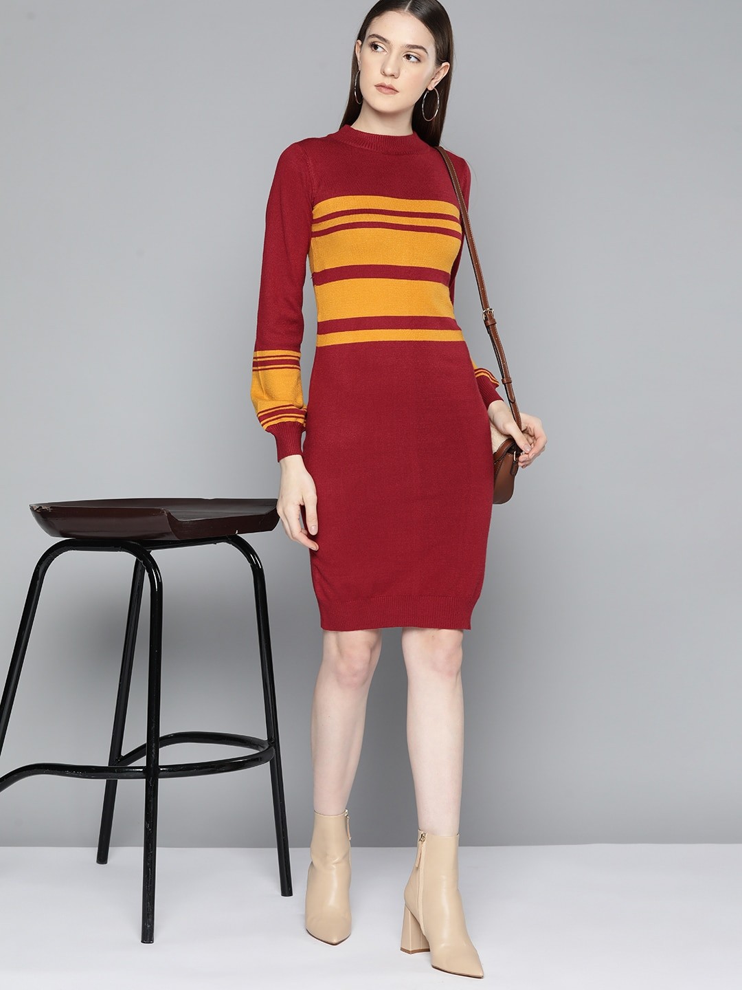 

Chemistry Striped Puff Sleeves Sweater Dress, Maroon