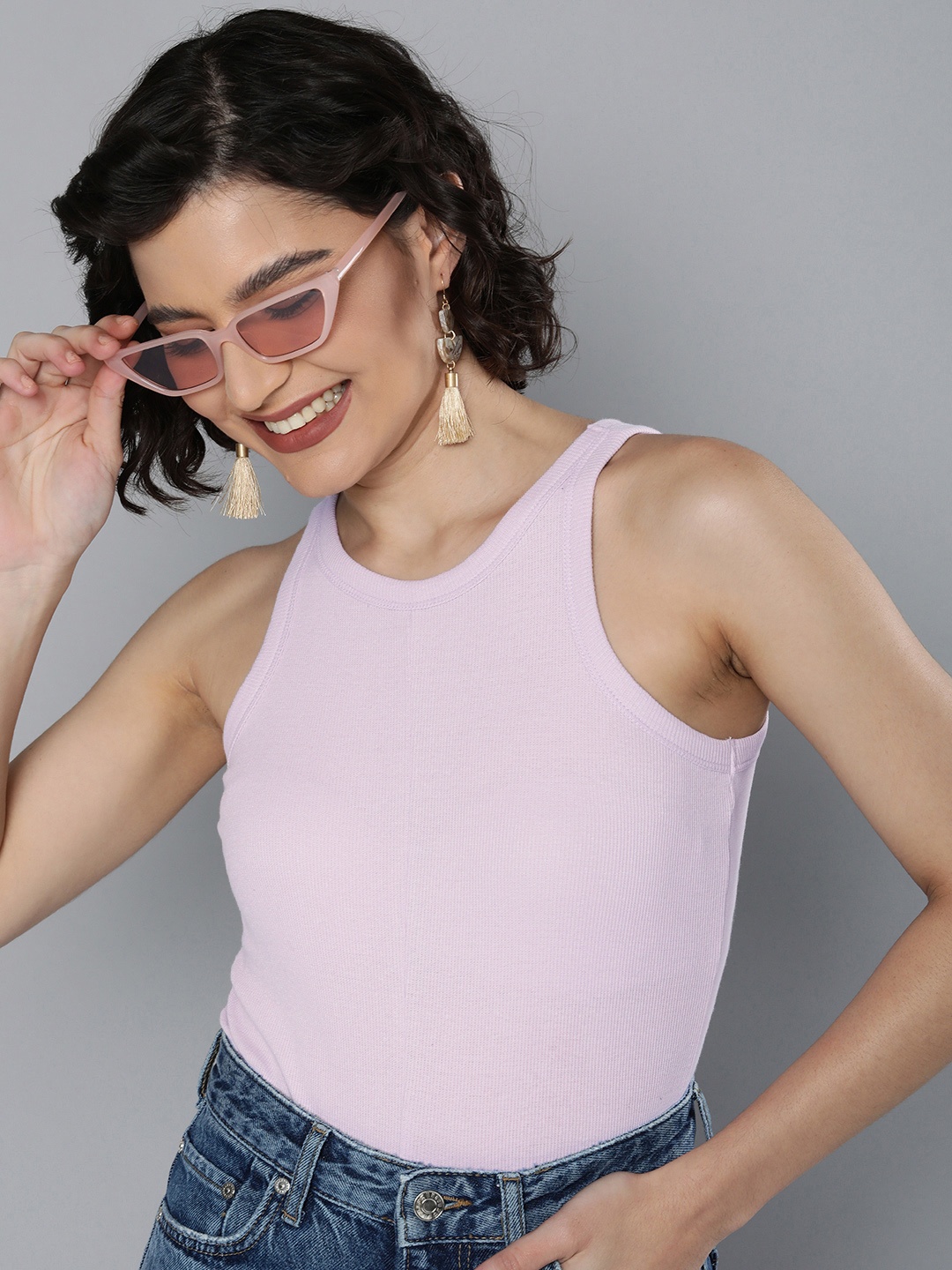 

HERE&NOW Women Lavender Self Design Sleeveless Tank Top