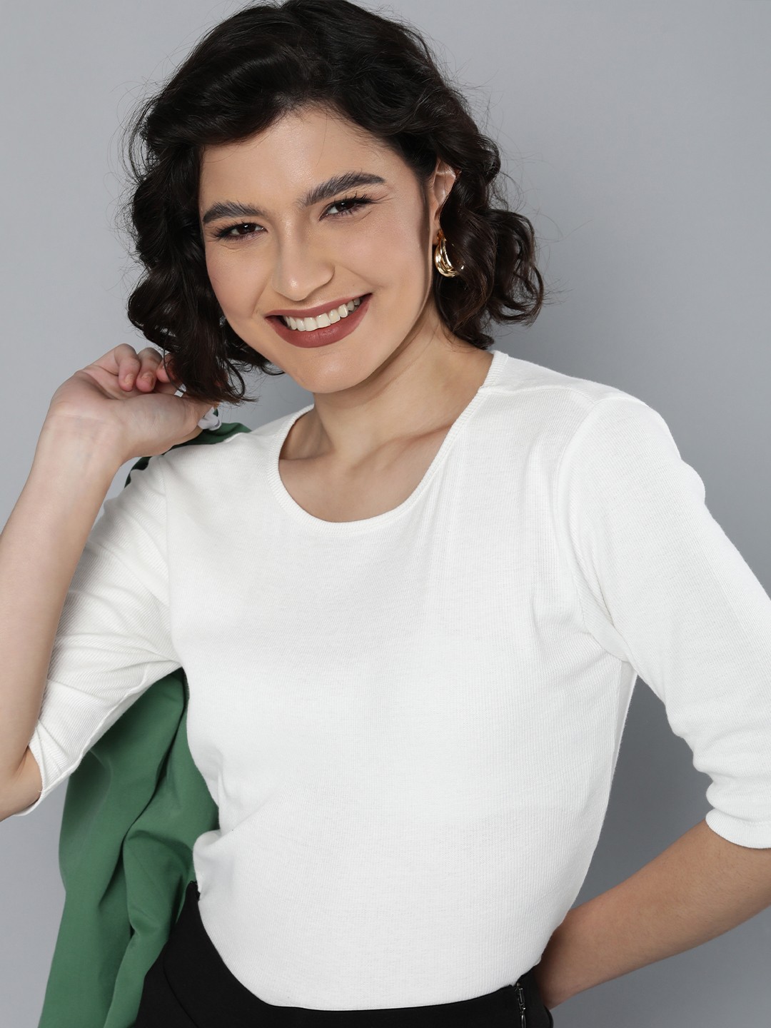 

HERE&NOW Women White Self Design Round-Neck Regular Top