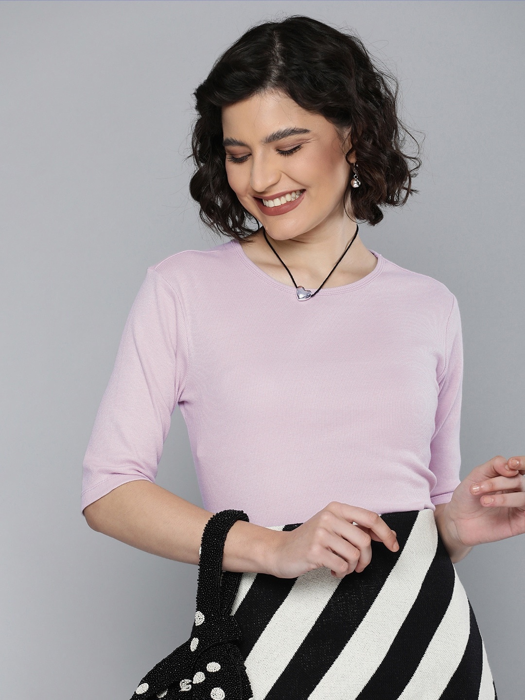 

HERE&NOW Women Lavender Self Design Round-Neck Regular Top