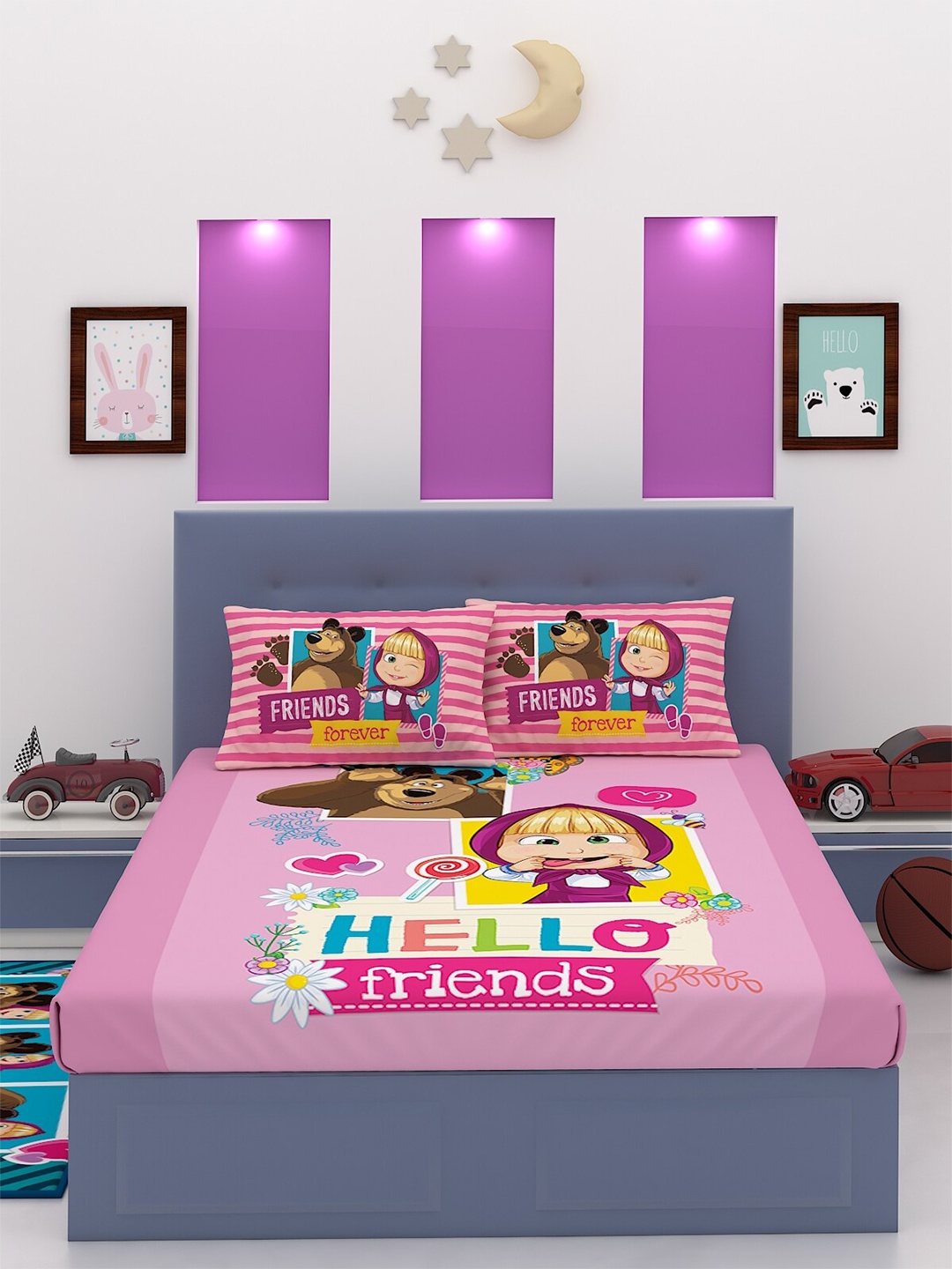 

Athom Trendz Pink & Yellow Cartoon Characters 180 TC King Bedsheet with 2 Pillow Covers