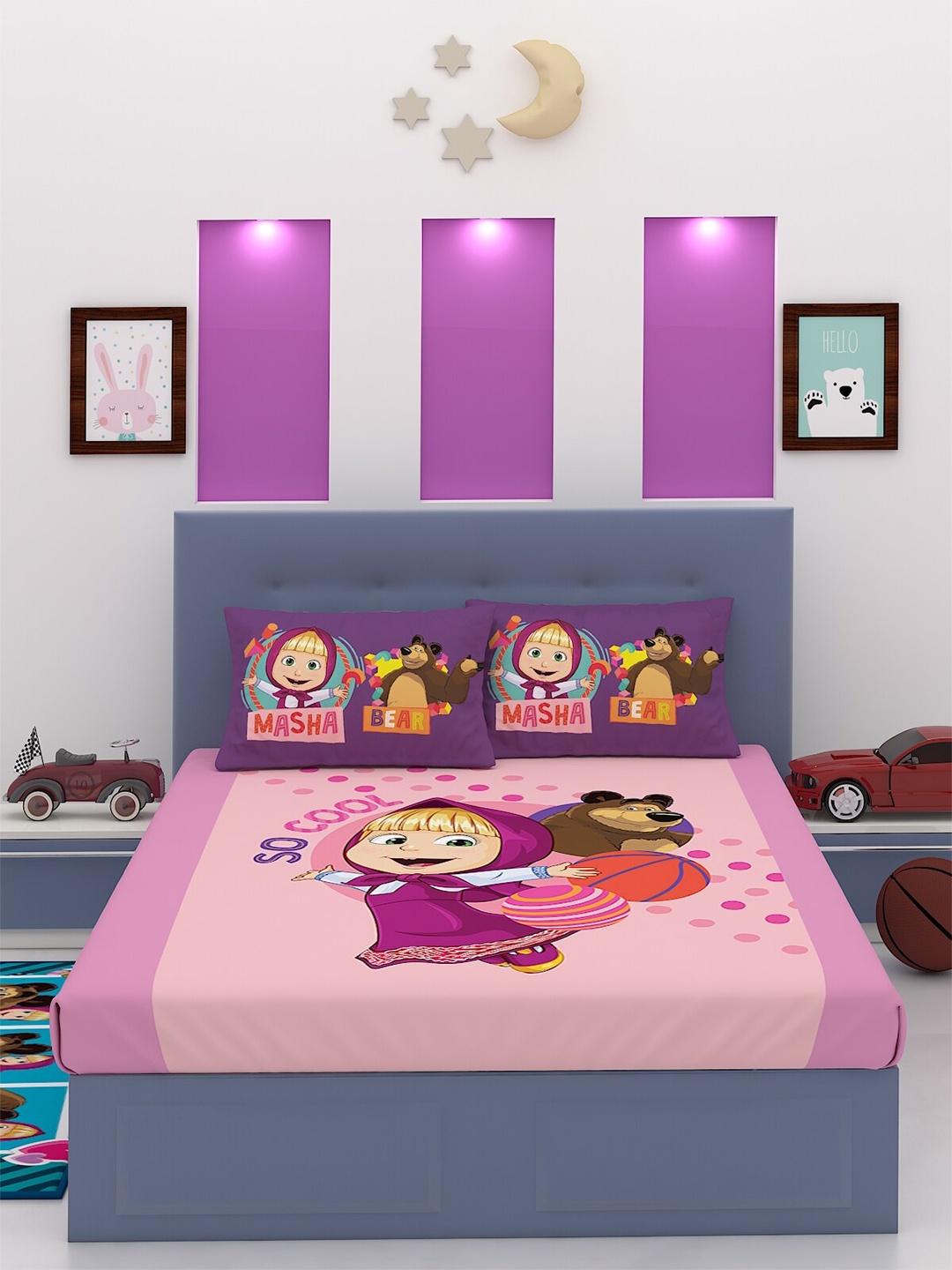 

Athom Trendz Kids Pink Masha & The Bear 180 TC Cotton King Bedsheet with 2 Pillow Covers