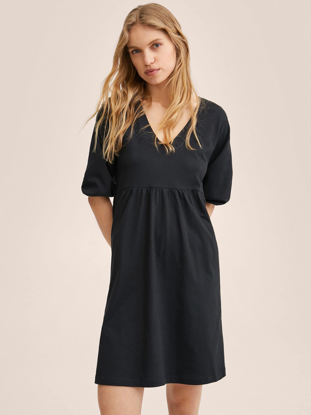 

MANGO Black A-Line Solid Pure Cotton Dress