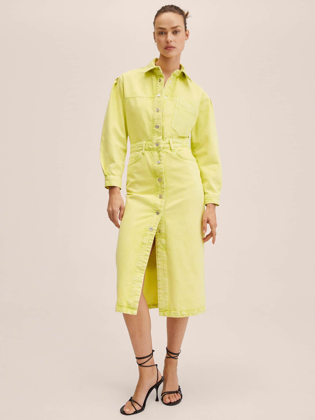 

MANGO Green Solid Cotton Denim Shirt Midi Dress