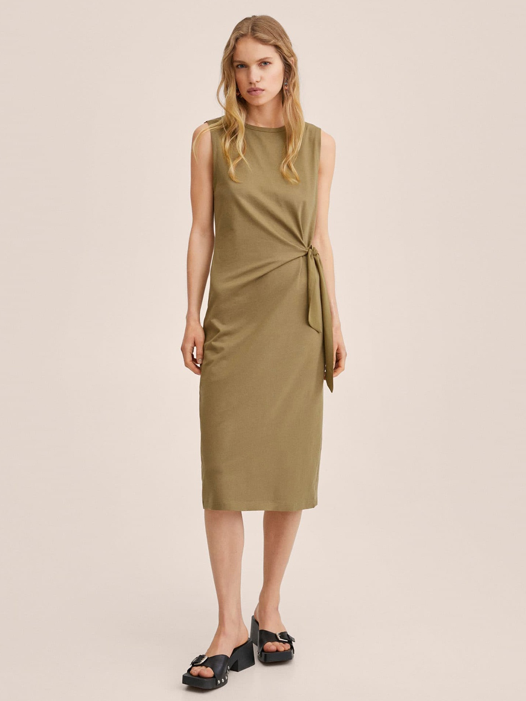 

MANGO Women Olive Green Solid Waist Tie-Up Detail Sheath Midi Pure Cotton Dress