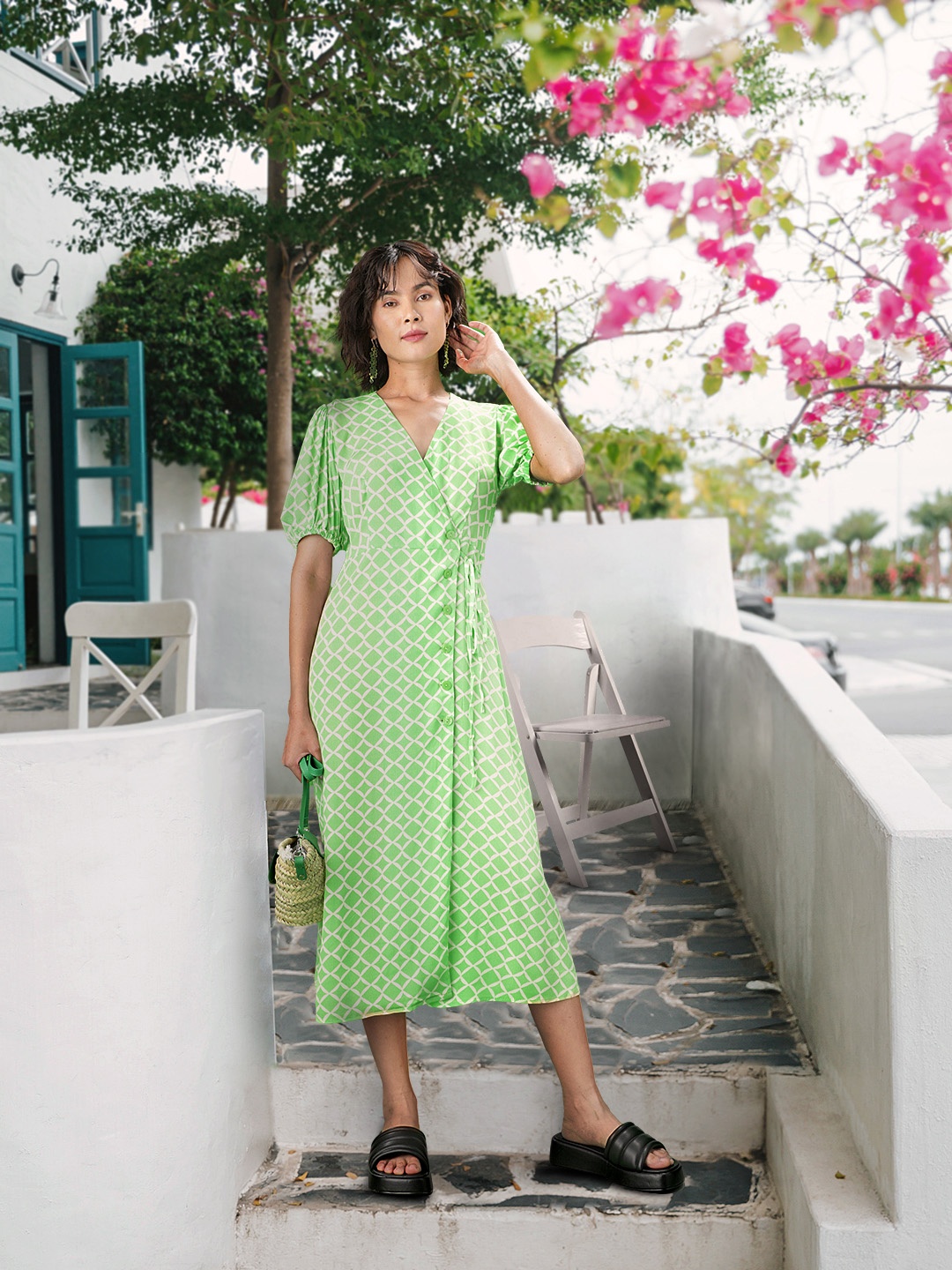

MANGO Green & White Printed Midi Dress