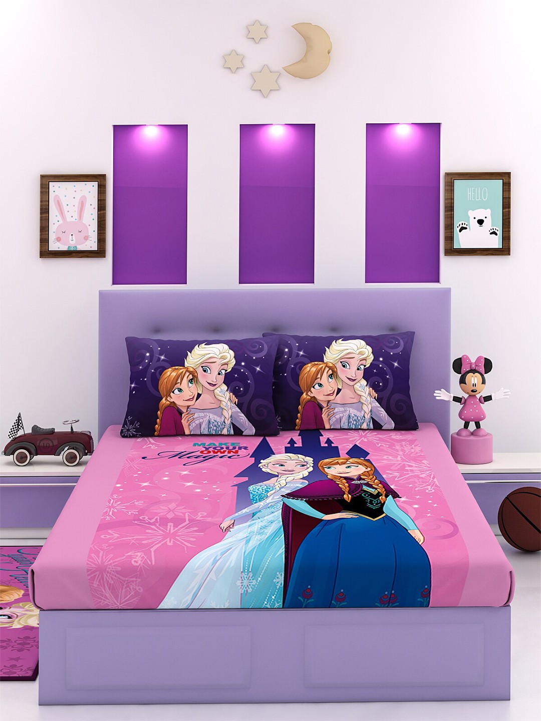 

Disney Pink & Purple Frozen Printed 180 TC Cotton King Bedsheet with 2 Pillow Covers
