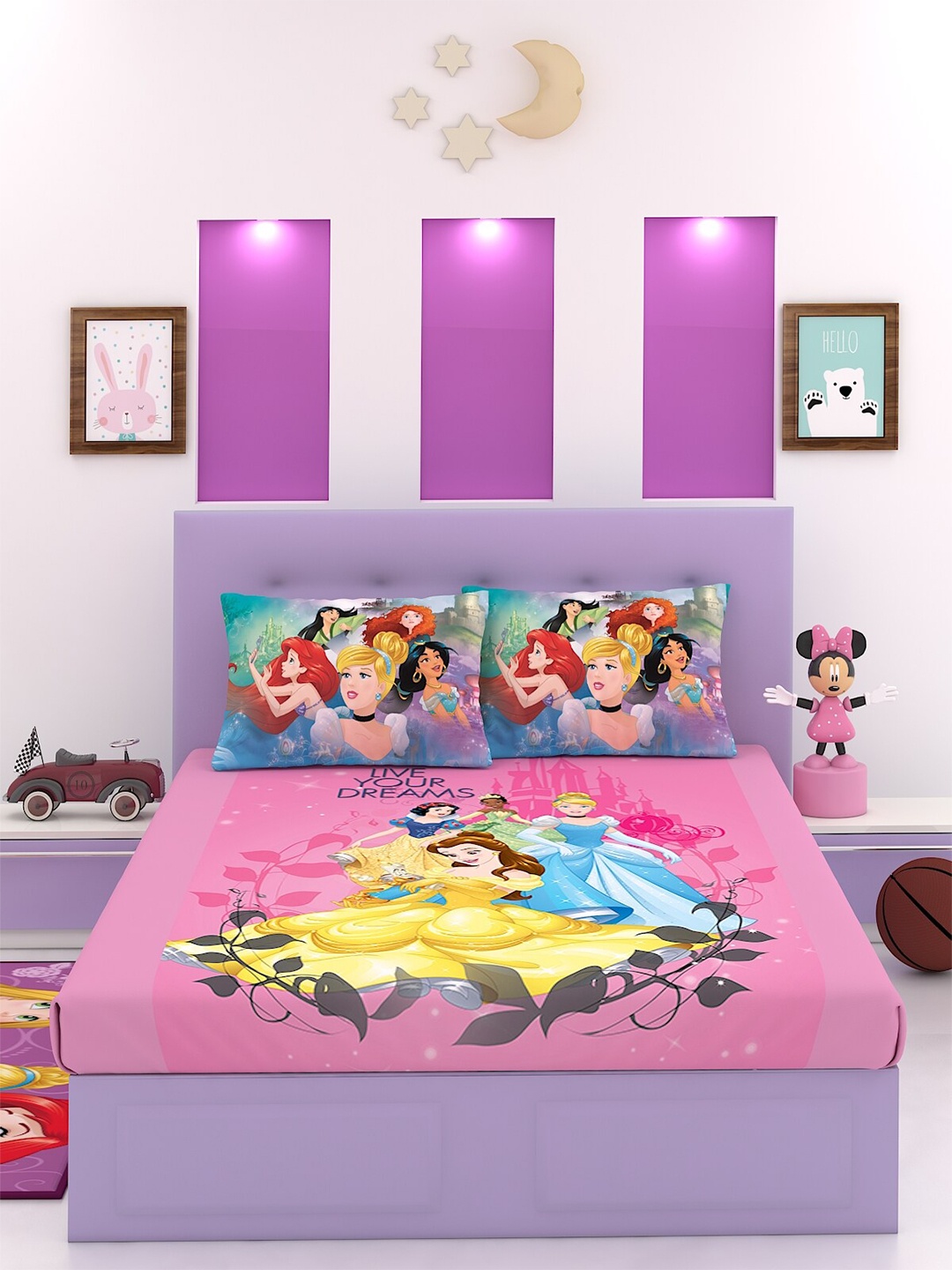 

Disney Pink & Yellow Cartoon Characters 180 TC King Bedsheet with 2 Pillow Covers