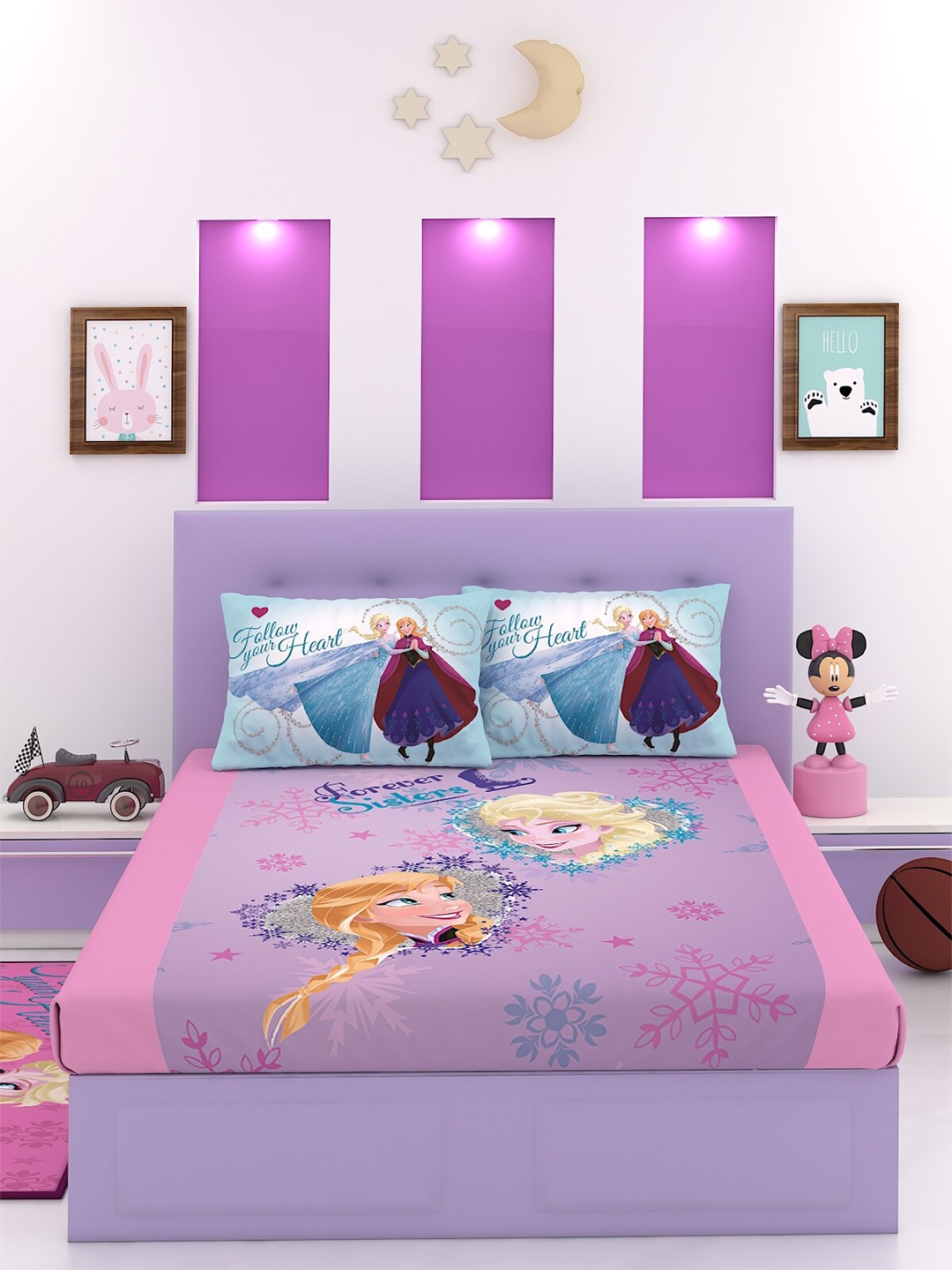 

Disney Pink & Blue Cartoon Characters 180 TC King Bedsheet with 2 Pillow Covers