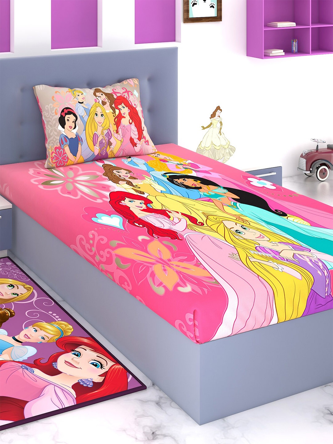 

Disney Pink & Yellow Cartoon Characters 180 TC Single Bedsheet with 1 Pillow Covers