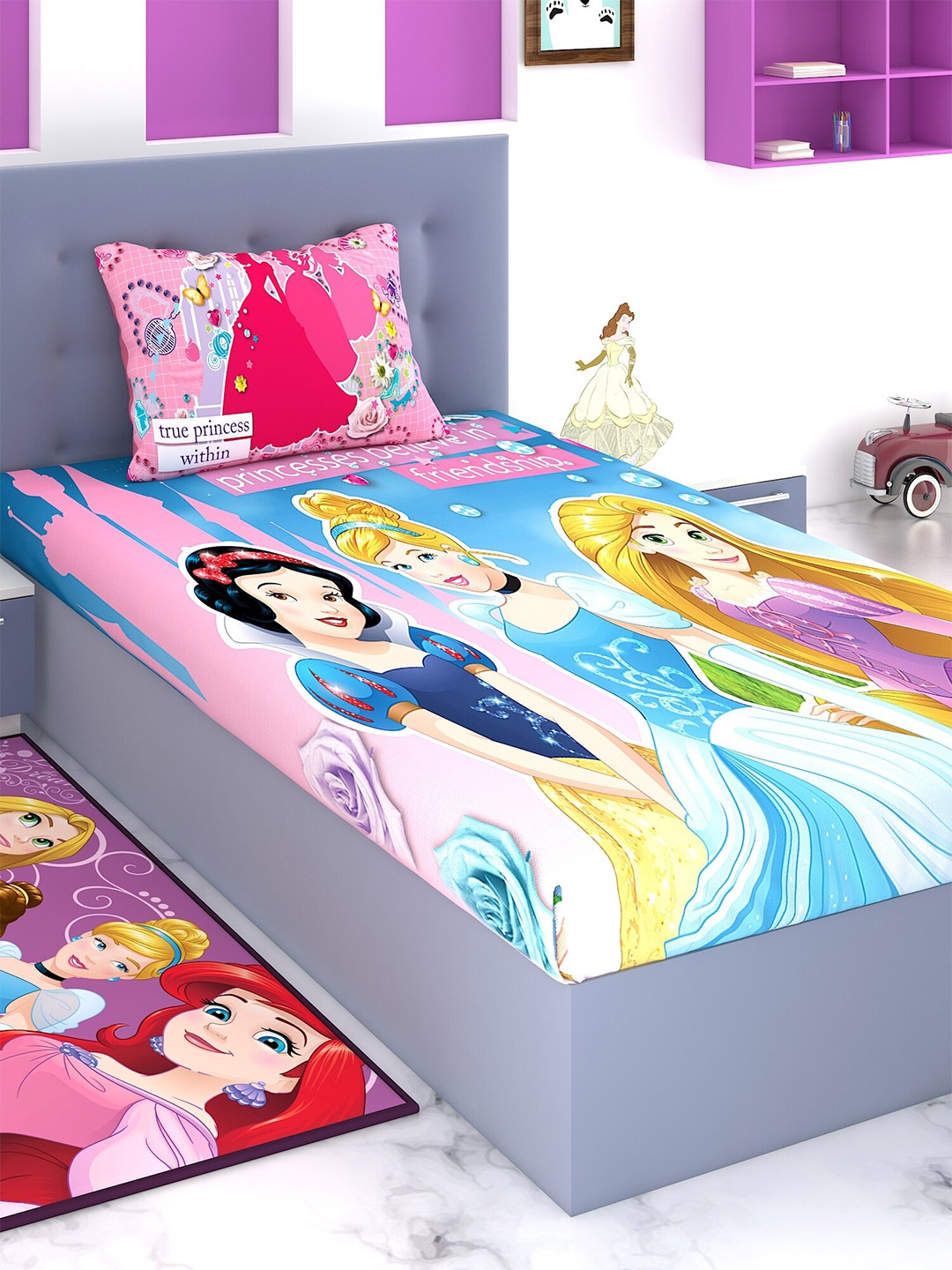 

Disney Blue & Pink Cartoon Characters 180 TC Single Bedsheet with 1 Pillow Covers