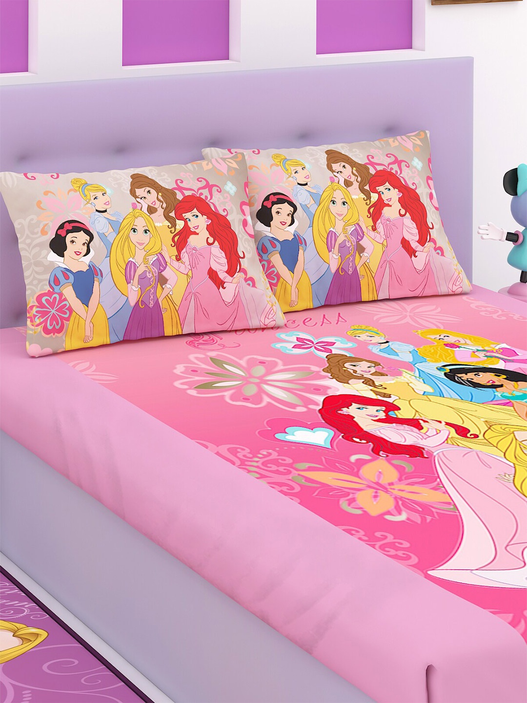 

Disney Pink & White Cartoon Characters 180 TC King Bedsheet with 2 Pillow Covers
